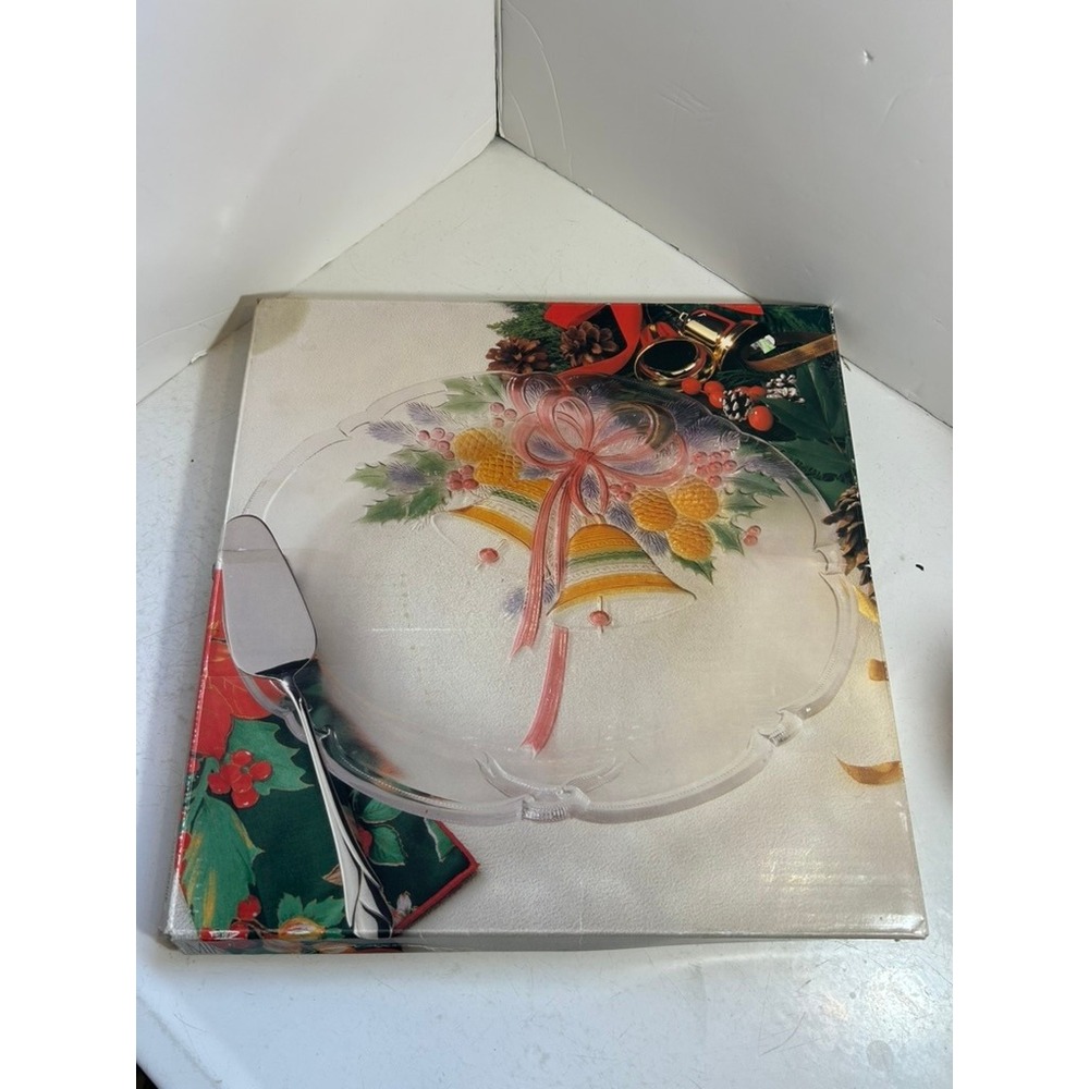 Vtg Mikasa festive bells hostess platter round embossed glass Christmas tray